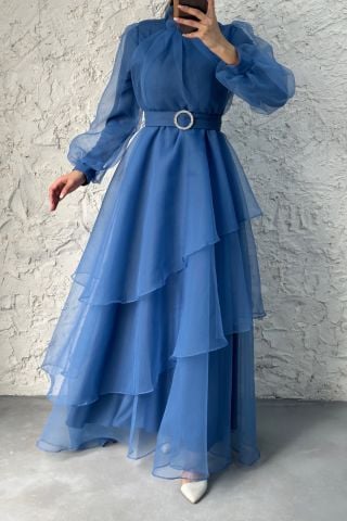 Tulle Layered Hijab Evening Dress Indigo