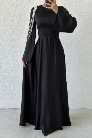 Chain Sparkle: Flounce Sleeve Off the Shoulder Satin Hijab Evening Dress Black