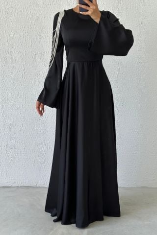 Chain Sparkle: Flounce Sleeve Off the Shoulder Satin Hijab Evening Dress Black