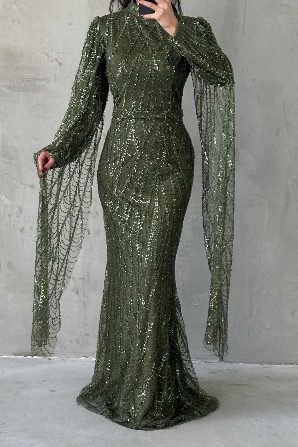 Sparkly Embroidered Long Sleeve Hijab Evening Dress Khaki