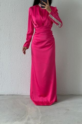 Modern Design Satin Hijab Evening Dress Fuchsia with Stone Detail on Sleeves and Collar