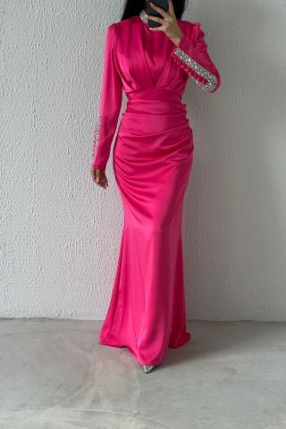 Modern Design Satin Hijab Evening Dress Fuchsia with Stone Detail on Sleeves and Collar