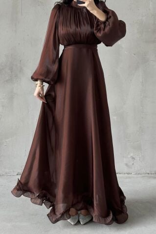 Pearl Flow Hijab Evening Dress Brown