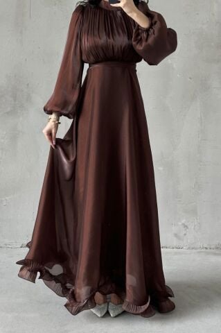 İnci Akış  Tesettür Abiye Kahverengi
