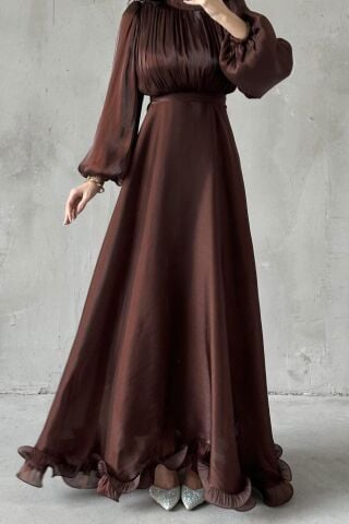 İnci Akış  Tesettür Abiye Kahverengi