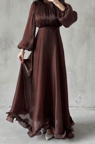 İnci Akış  Tesettür Abiye Kahverengi