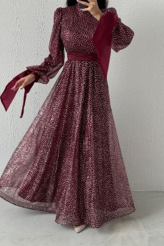 Şık Tasarım Simli Kemerli Tesettür Abiye Bordo