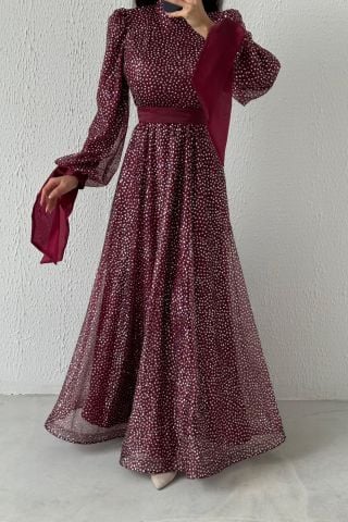 Şık Tasarım Simli Kemerli Tesettür Abiye Bordo