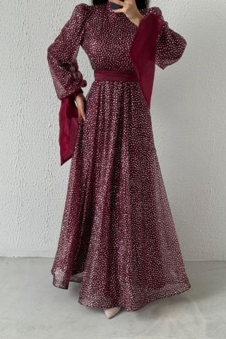 Şık Tasarım Simli Kemerli Tesettür Abiye Bordo