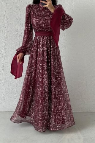Şık Tasarım Simli Kemerli Tesettür Abiye Bordo