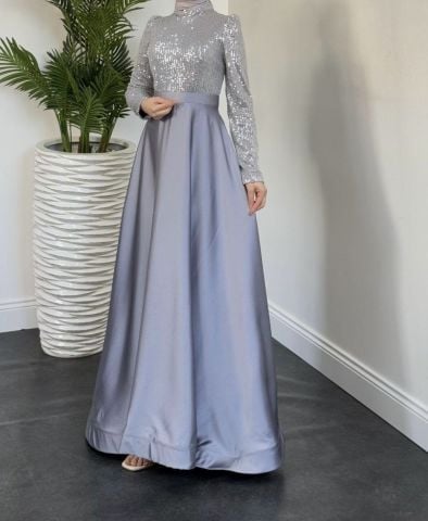 Işıltılı Pul Payet Saten Tesettür Abiye Gri