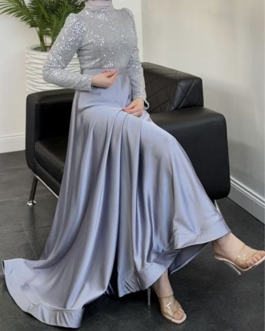 Sparkly Sequin Satin Hijab Evening Dress Gray