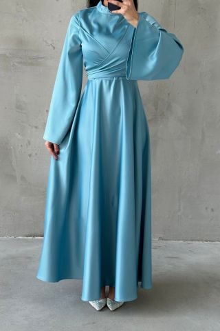 Basic Flounce Sleeve Satin Hijab Evening Dress Mint Green