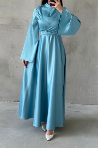 Basic Volan Kol Saten Tesettür Abiye Mint Yeşili