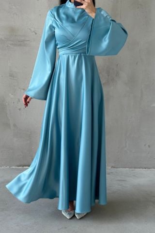 Basic Flounce Sleeve Satin Hijab Evening Dress Mint Green
