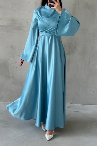 Basic Flounce Sleeve Satin Hijab Evening Dress Mint Green