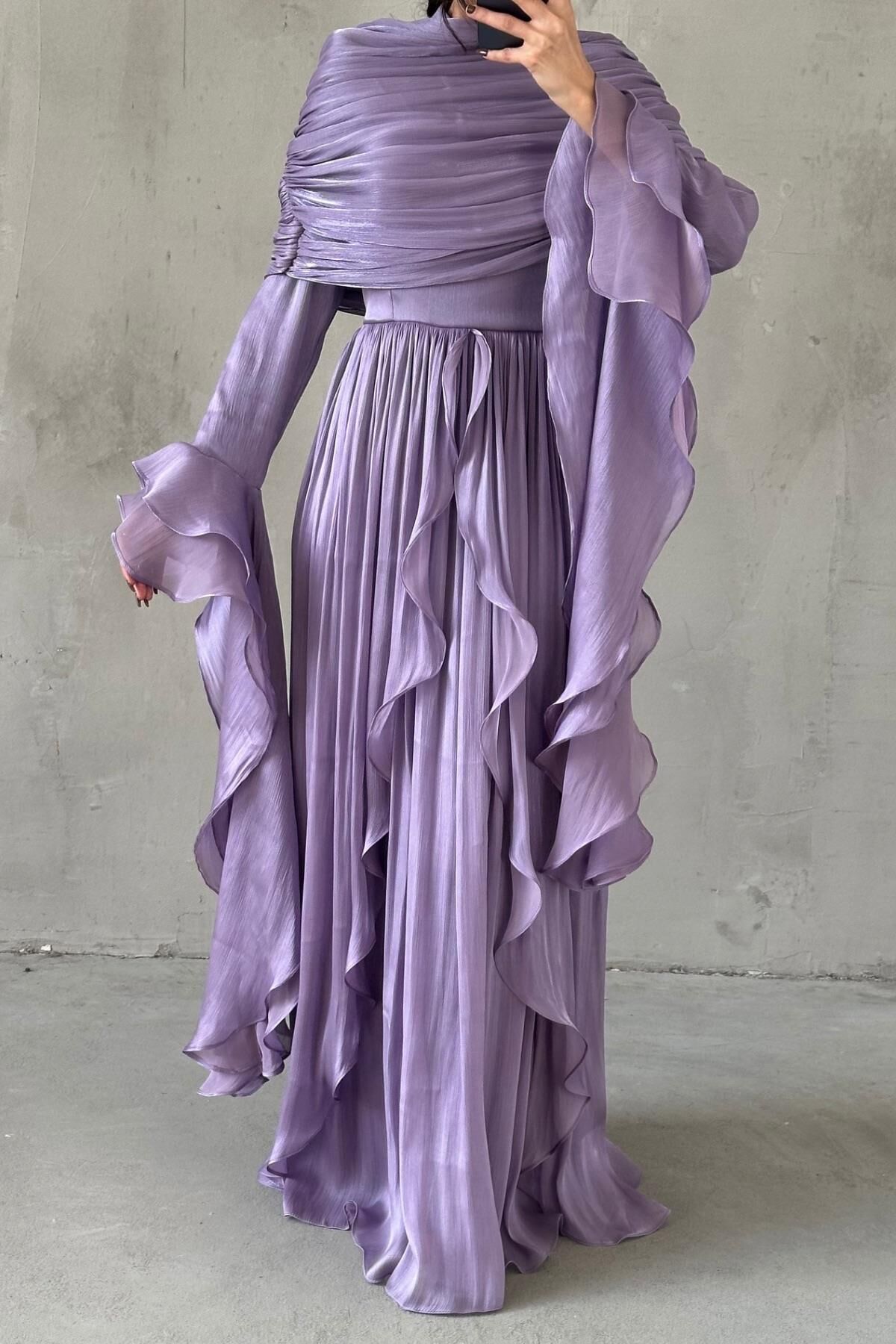 Ruffle Detailed Janjan Hijab Evening Dress Lilac