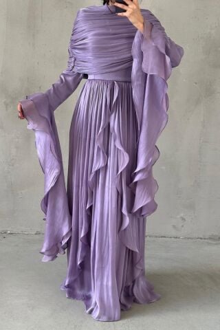 Ruffle Detailed Janjan Hijab Evening Dress Lilac