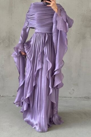 Ruffle Detailed Janjan Hijab Evening Dress Lilac