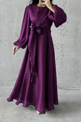 Stylish Design Basic Shiny Hijab Evening Dress Plum