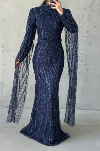 Işıltılı İşlemeli Uzun Kollu Tesettür Abiye Lacivert