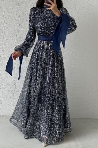 Şık Tasarım Simli Kemerli Tesettür Abiye Lacivert
