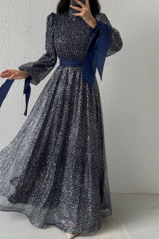 Şık Tasarım Simli Kemerli Tesettür Abiye Lacivert