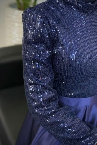 Işıltılı Pul Payet Saten Tesettür Abiye Lacivert