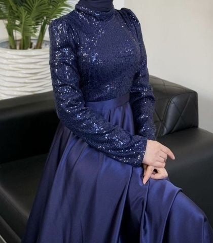 Işıltılı Pul Payet Saten Tesettür Abiye Lacivert