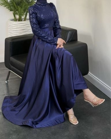 Sparkly Sequin Satin Hijab Evening Dress Navy Blue