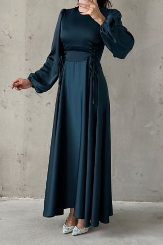 Waist-Tie Balloon Sleeve Satin Hijab Evening Dress Green