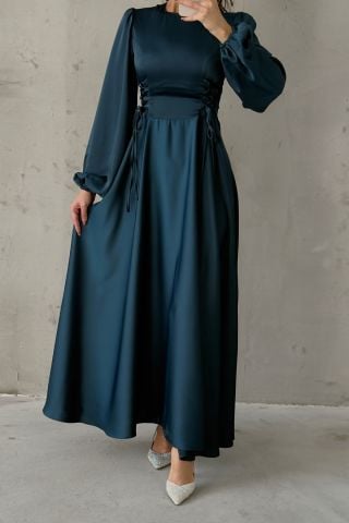 Waist-Tie Balloon Sleeve Satin Hijab Evening Dress Green