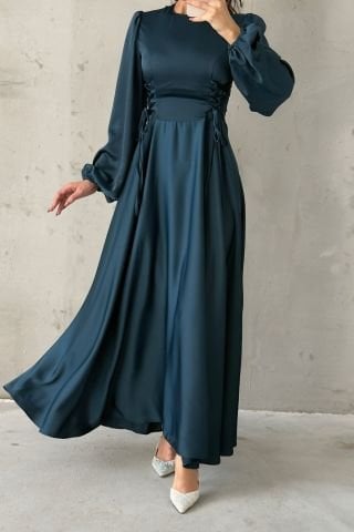 Waist-Tie Balloon Sleeve Satin Hijab Evening Dress Green