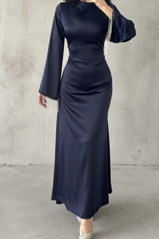 Satin Pearl: Flounce Sleeve Chain Detailed Hijab Evening Dress Navy Blue