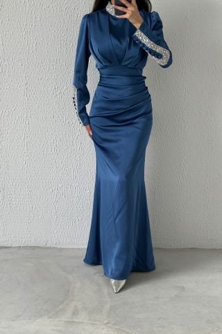 Moder Tasarım Kolu Ve Yakası Taş Detaylı Saten Tesettür Abiye İndigo