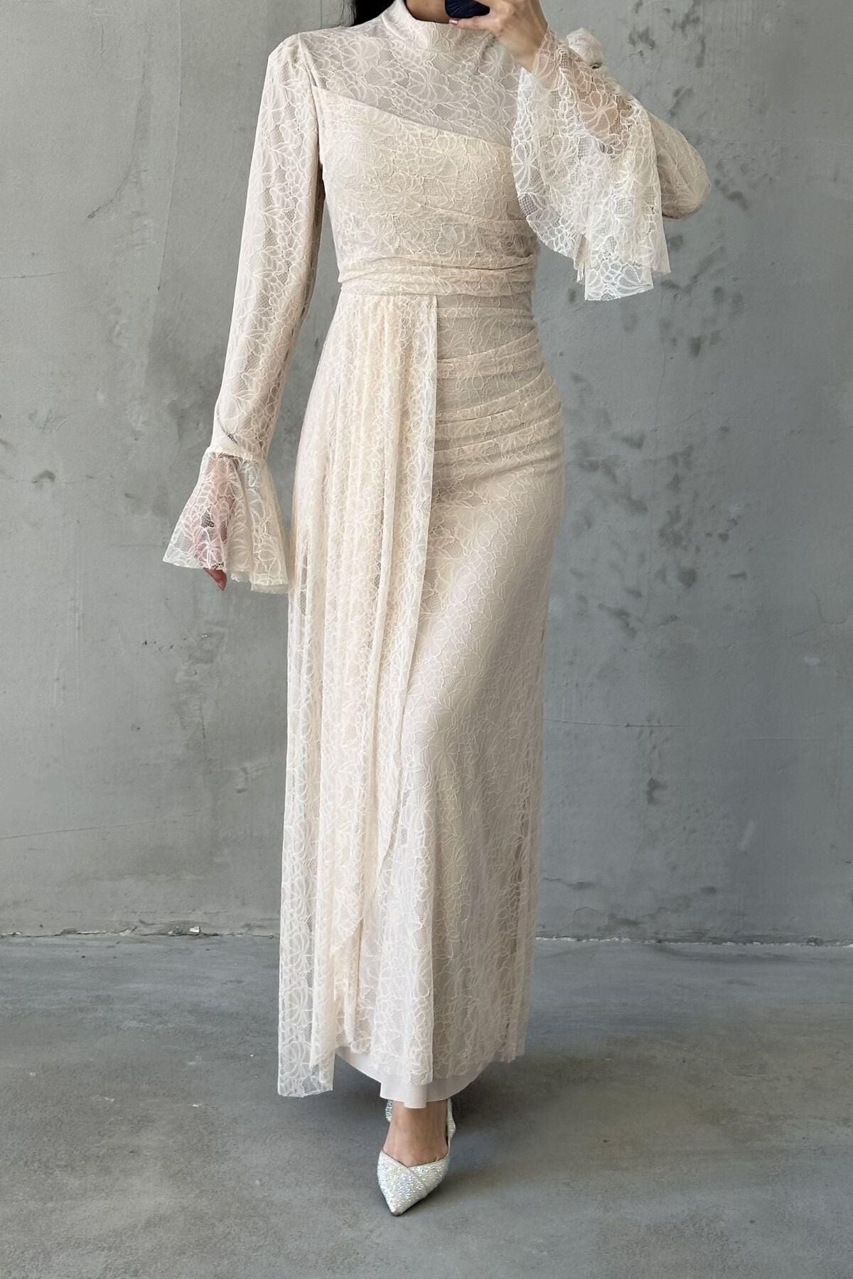 Rosella Tesettür Abiye Krem