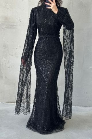 Işıltılı İşlemeli Uzun Kollu Tesettür Abiye Siyah