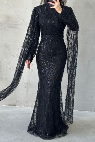 Işıltılı İşlemeli Uzun Kollu Tesettür Abiye Siyah