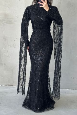 Işıltılı İşlemeli Uzun Kollu Tesettür Abiye Siyah