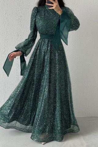 Stylish Design Silvery Belted Hijab Evening Dress Green