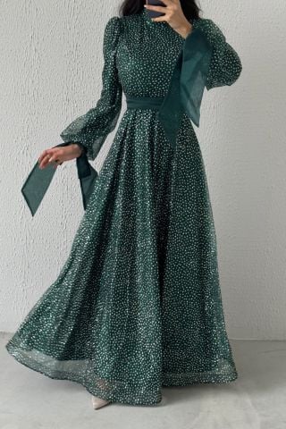 Şık Tasarım Simli Kemerli Tesettür Abiye Yeşil