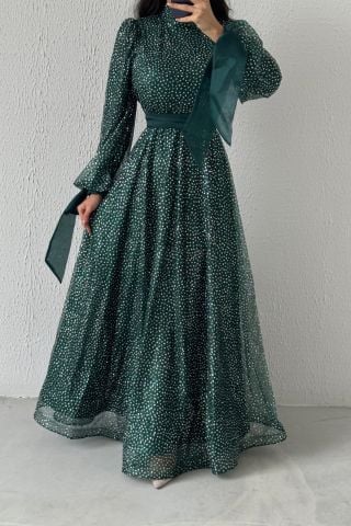 Şık Tasarım Simli Kemerli Tesettür Abiye Yeşil