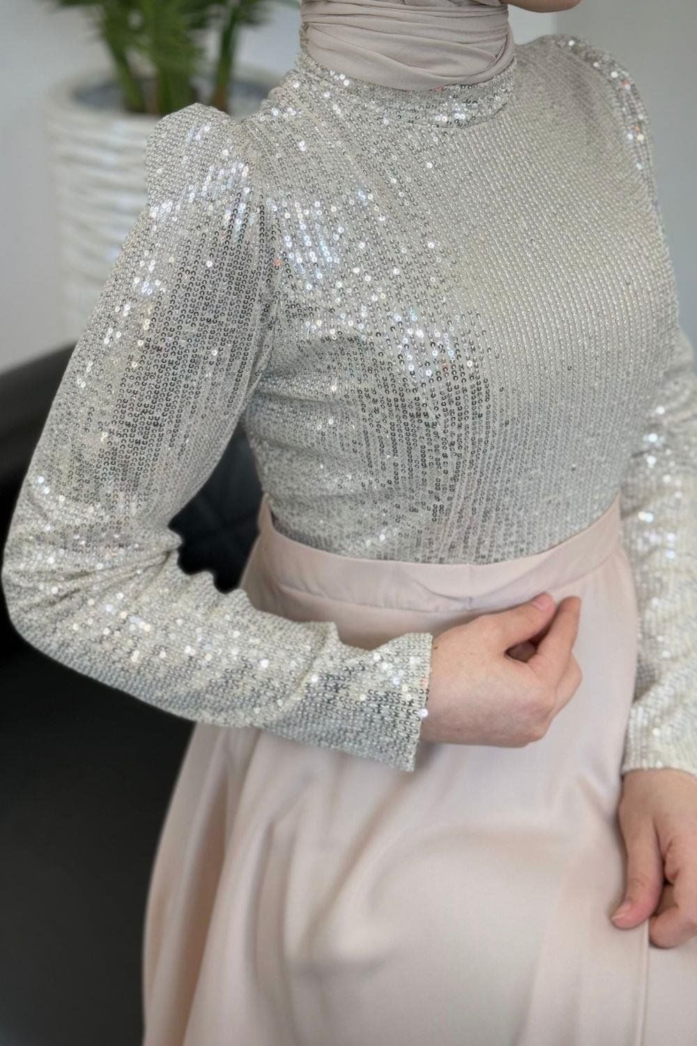 Işıltılı Pul Payet Saten Tesettür Abiye Taş