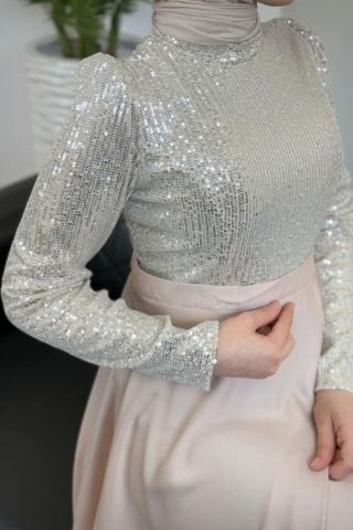 Işıltılı Pul Payet Saten Tesettür Abiye Taş