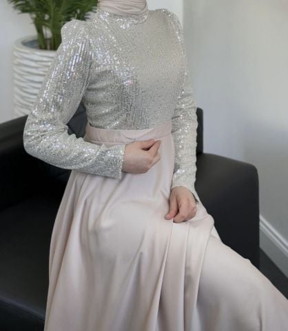 Işıltılı Pul Payet Saten Tesettür Abiye Taş