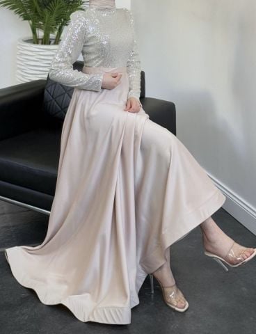 Sparkly Sequin Satin Hijab Evening Dress Stone