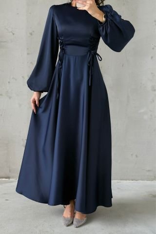 Waist-Tie Balloon Sleeve Satin Hijab Evening Dress Navy Blue