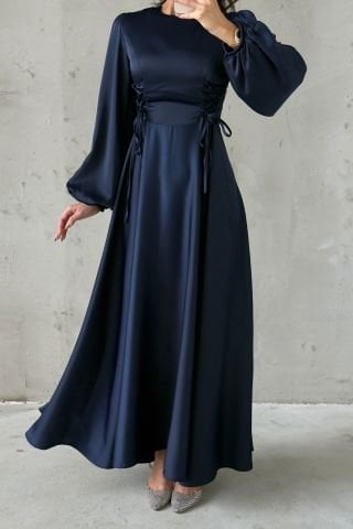 Waist-Tie Balloon Sleeve Satin Hijab Evening Dress Navy Blue
