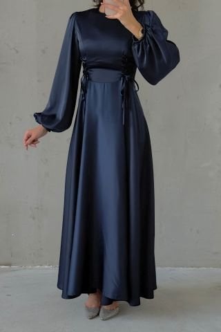 Waist-Tie Balloon Sleeve Satin Hijab Evening Dress Navy Blue