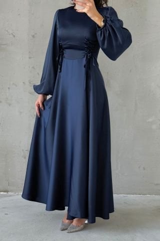 Waist-Tie Balloon Sleeve Satin Hijab Evening Dress Navy Blue
